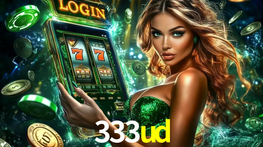 Mulher com tema verde apresentando o aplicativo do cassino 333ud com um jogo de slot de 777, cercada por fichas de cassino e uma aura de sorte.