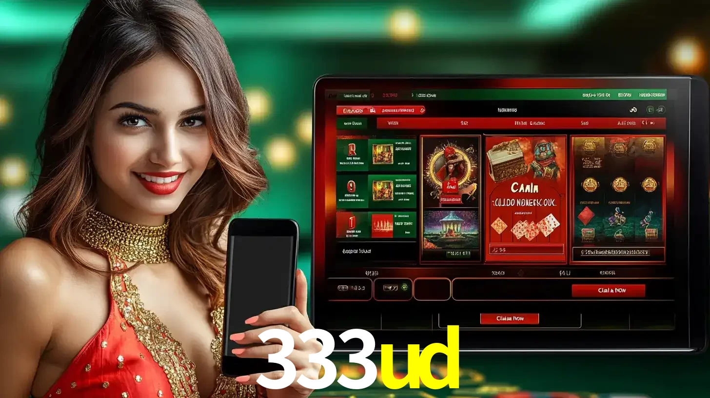 Mulher sorridente segurando um smartphone, ao lado de uma tela exibindo o lobby de jogos do cassino online 333ud, com várias opções de jogos de cartas e slots.